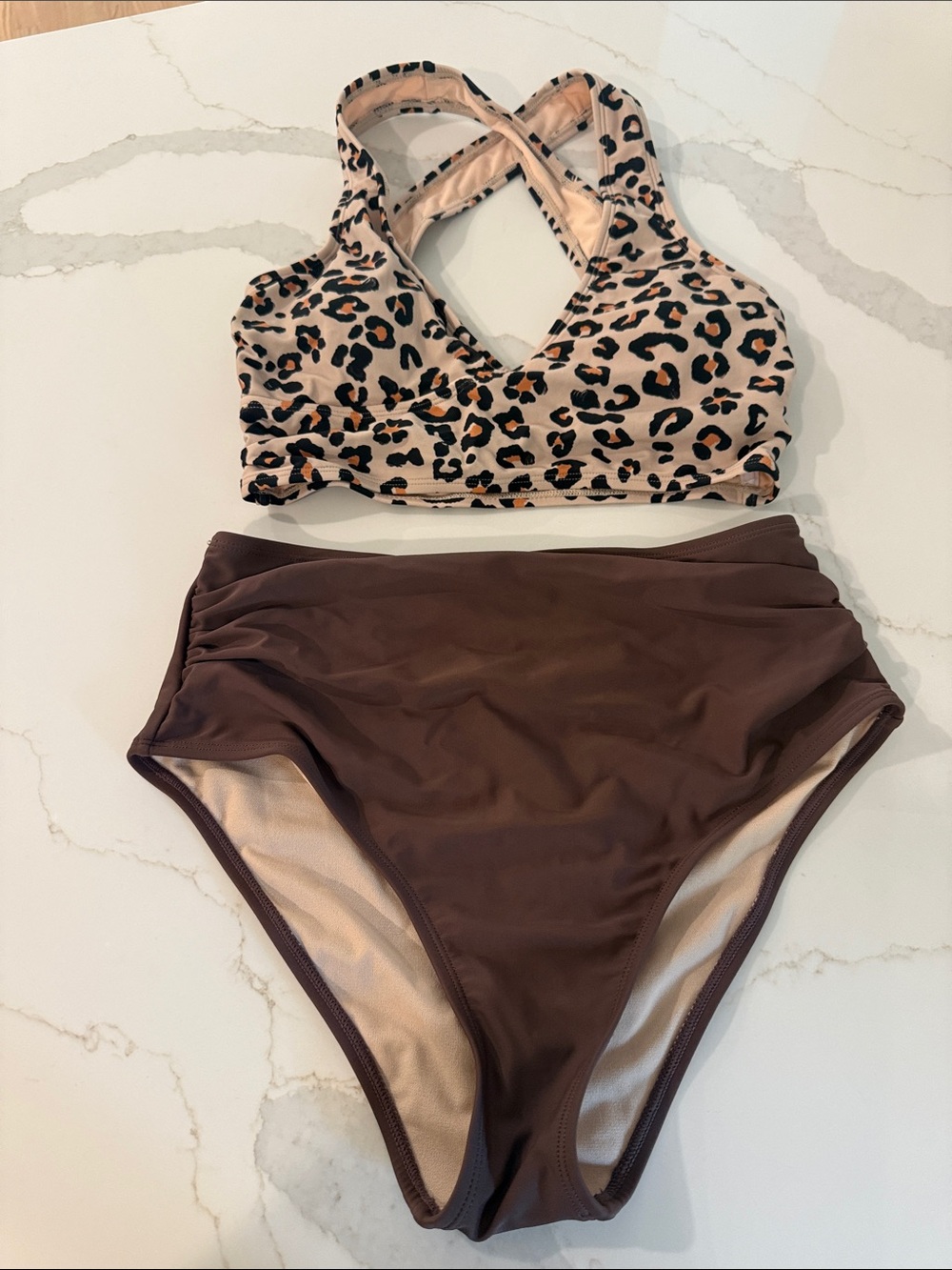 Leopard Print Crossback Bikini Top with Plum High-Waist Bottoms
